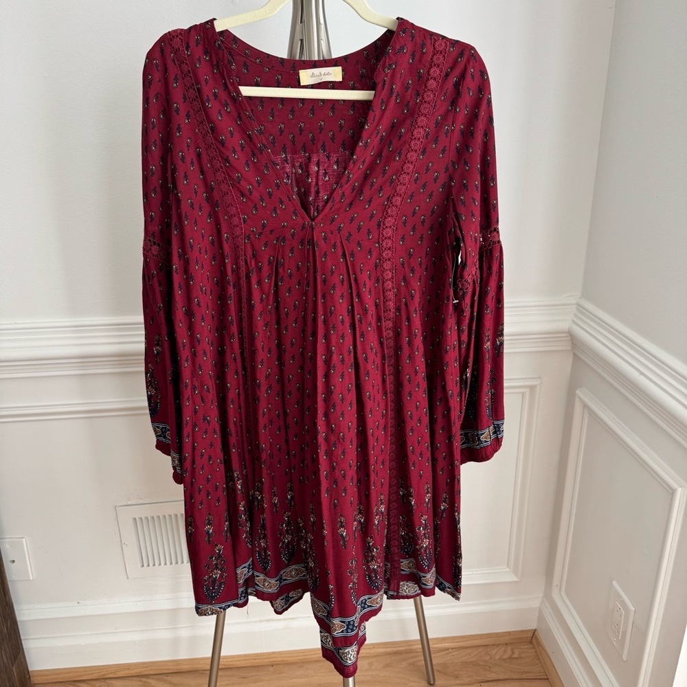 Altar’d State Red Burgundy Boho Crochet Accents Tunic Mini Dress Size Small